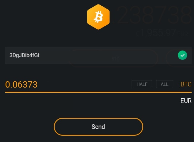 Example of address and amount entry