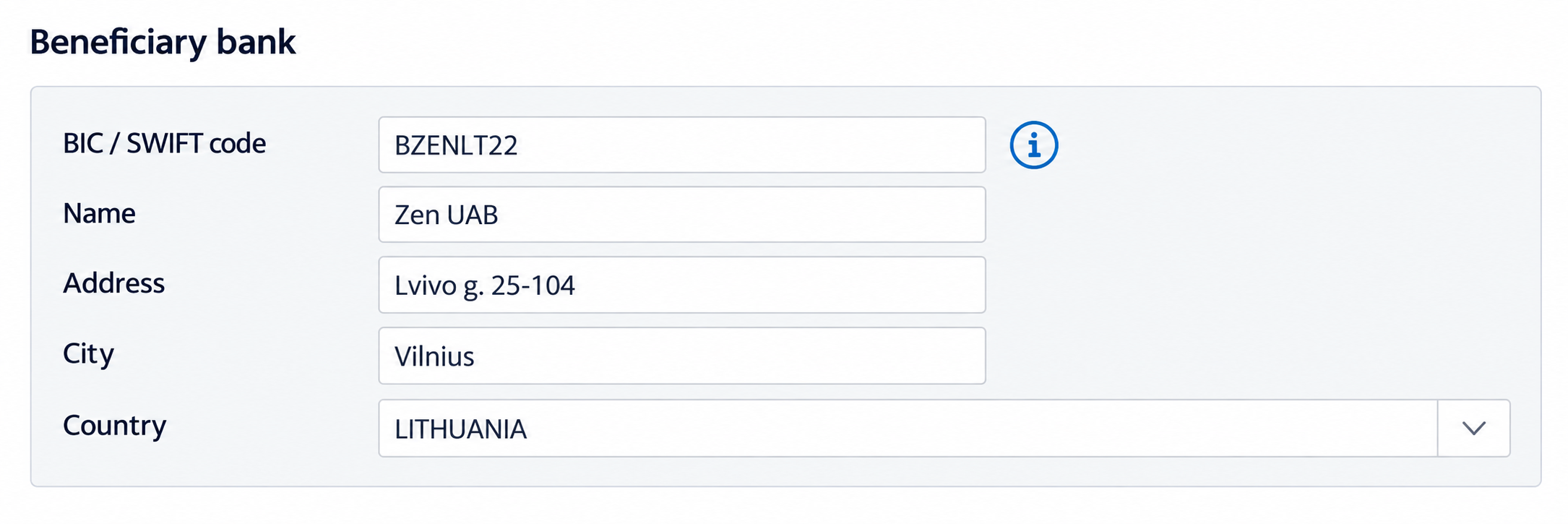 Illustrative example of additional bank details