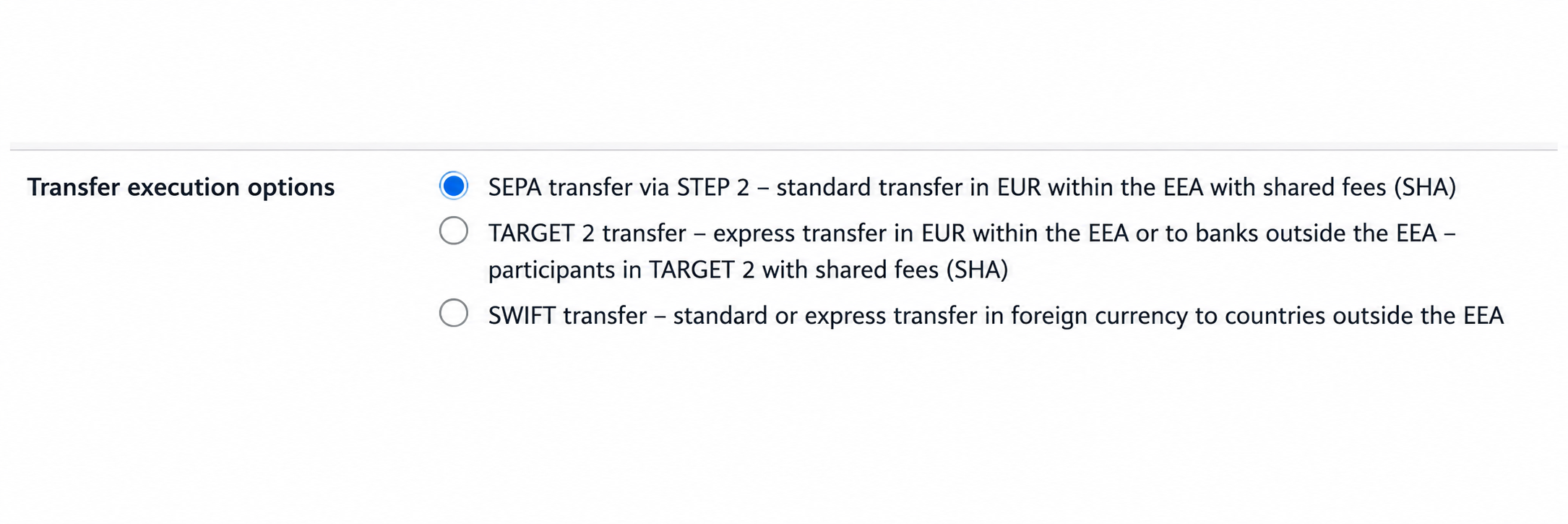 Example of selecting a SEPA transfer in euro
